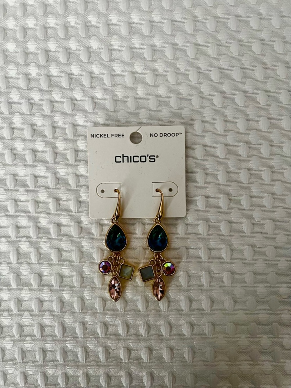 Chico's Gold-Tone Dangle Earrings with Blue and Pink Accents